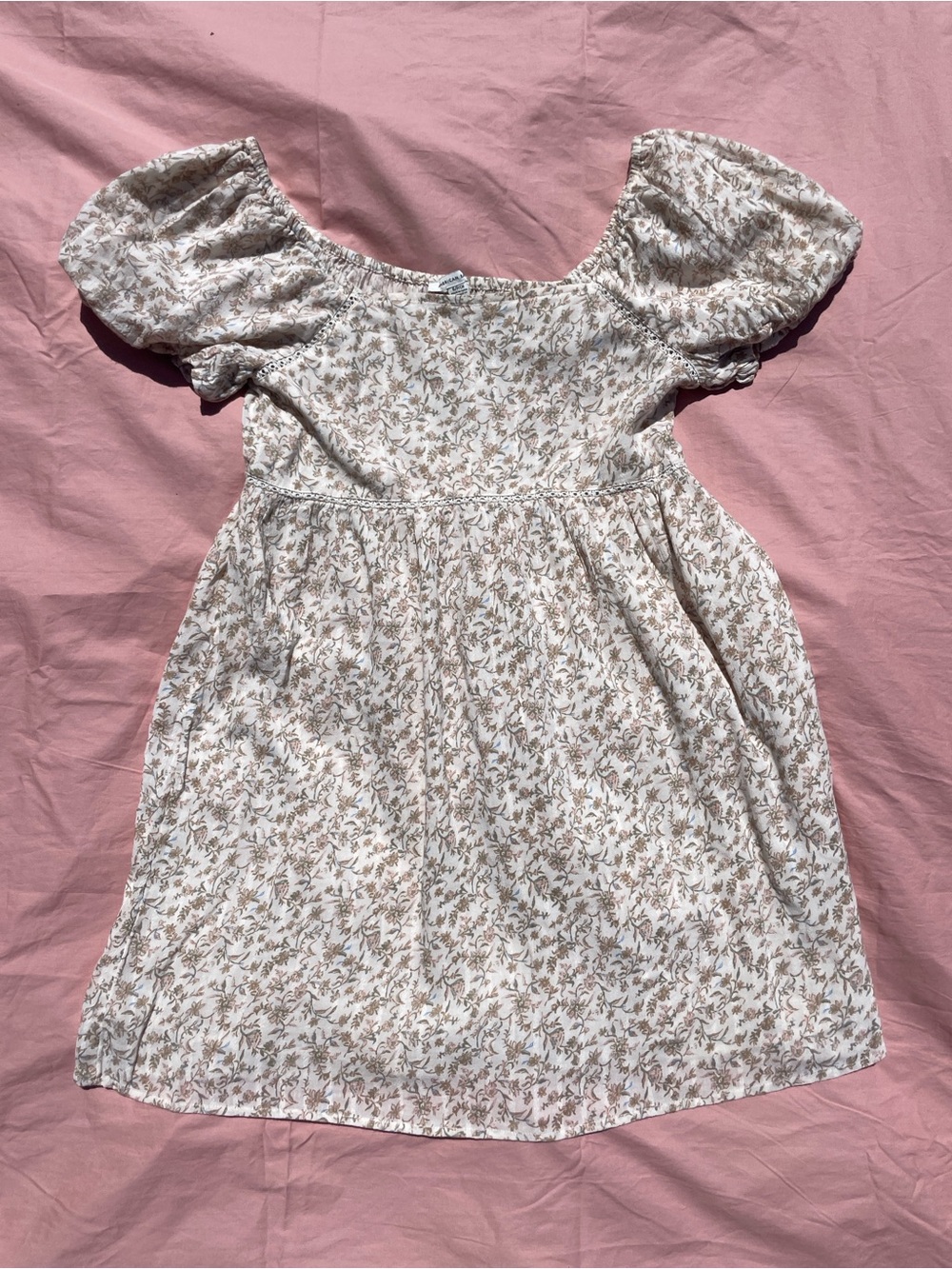 Cottagecore Puff Sleeved Floral Mini Dress Lined Cotton Lace Detail Size Small